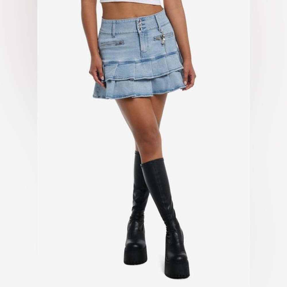 Hot Topic Social Collision Denim Blue Tiered mini Skirt XS exposed zipper gothic